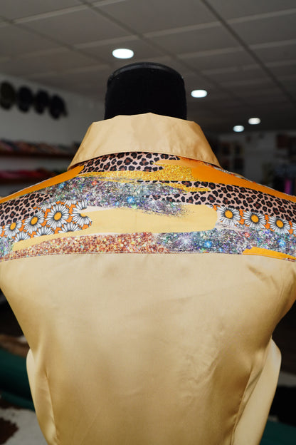 L - Daisy Cheetah Sparkles on Gold Satin Button Down