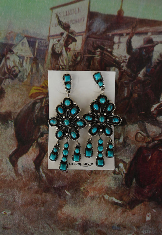 Dangly Turquoise Flower Statement Earrings