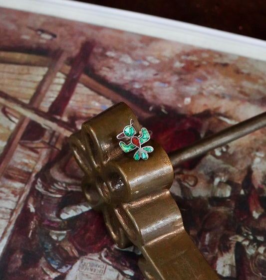 Vintage Red Coral & Turquoise Inlay Bird Ring - Sz 4.5
