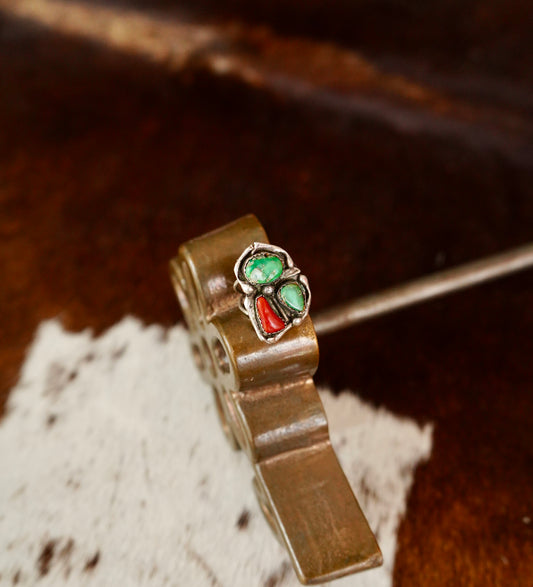 Vintage Red Coral & Carico Lake Turquoise Ring - Sz 7.5