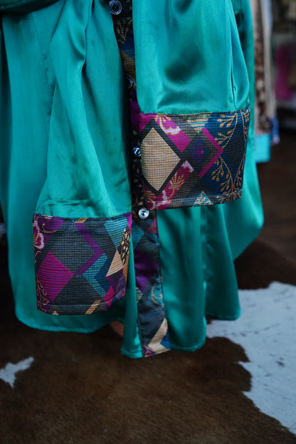 3XL - Magenta & Teal Quilt Tiles on Emerald Satin Button Down