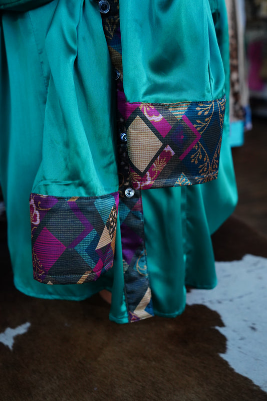 3XL - Magenta & Teal Quilt Tiles on Emerald Satin Button Down