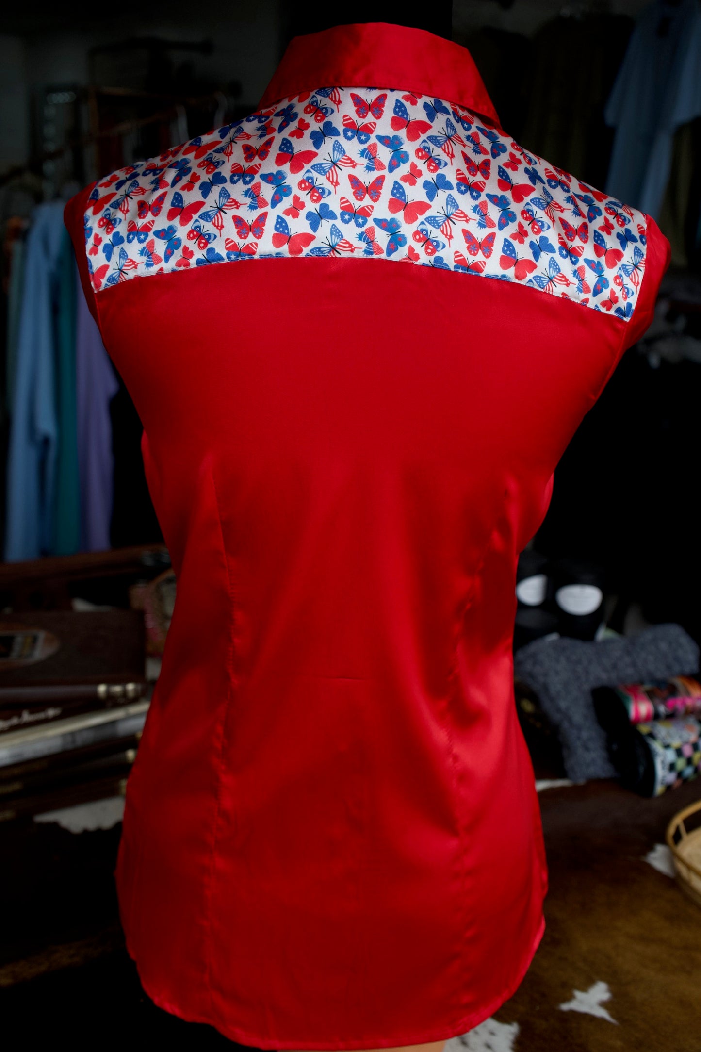 M - Patriotic Butterflies on Red Satin Button Down