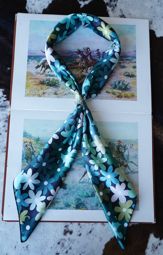 Drawn Green Flowers on Black Wild Rag