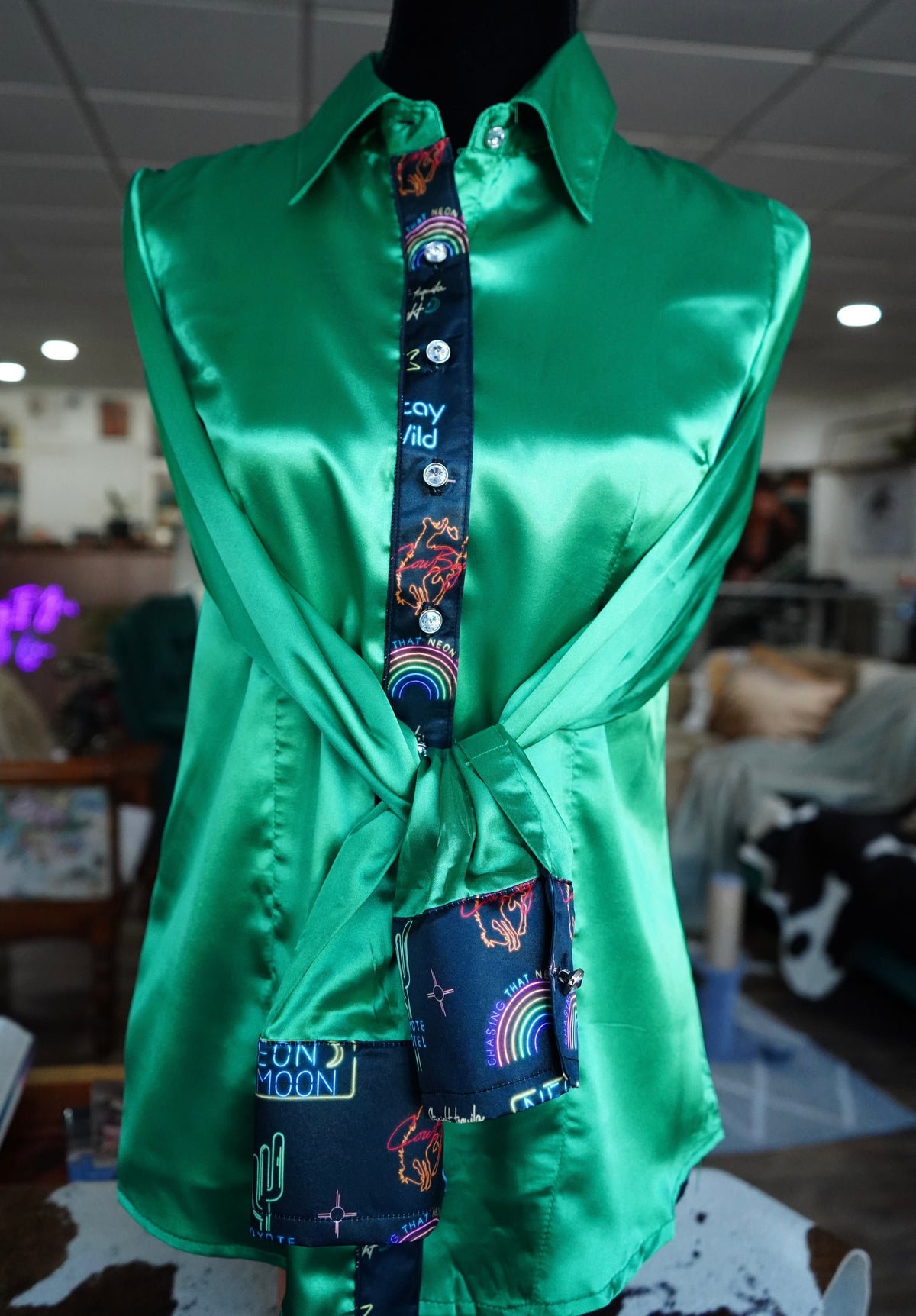 M - Neon Moon on Kelly Green Satin Button Down
