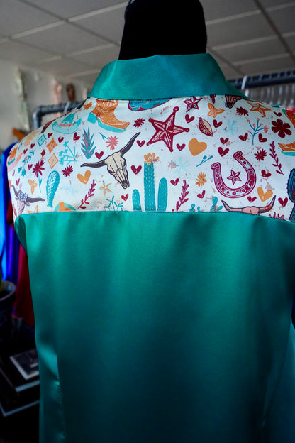 3XL - Western Emblems on Emerald Satin Button Down