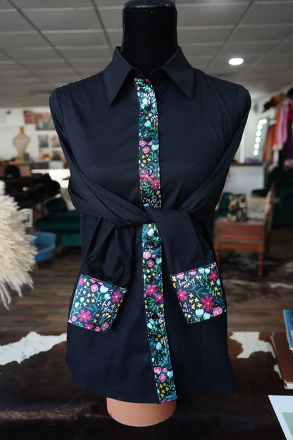 M - Black Scattered Verses on Black Cotton Button Down