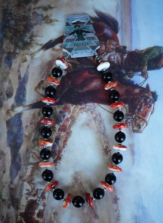 Chunky Orange Spiny & Black Onyx Necklace - 18”