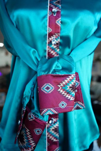 L - Maroon Aztec on Emerald Satin Button Down