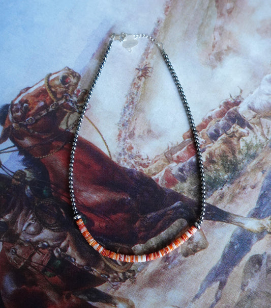 Sterling Silver Pearls w/ Orange Spiny Heishi Beads - 14”