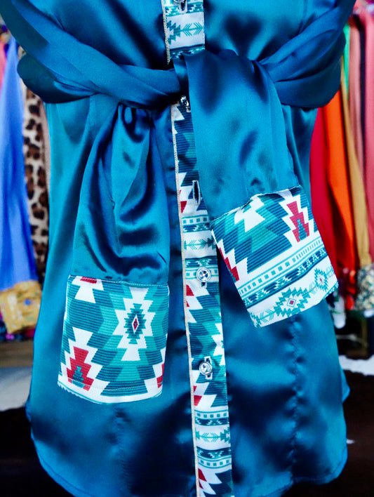 S - Teal Montana Aztec on Teal Satin Button Down