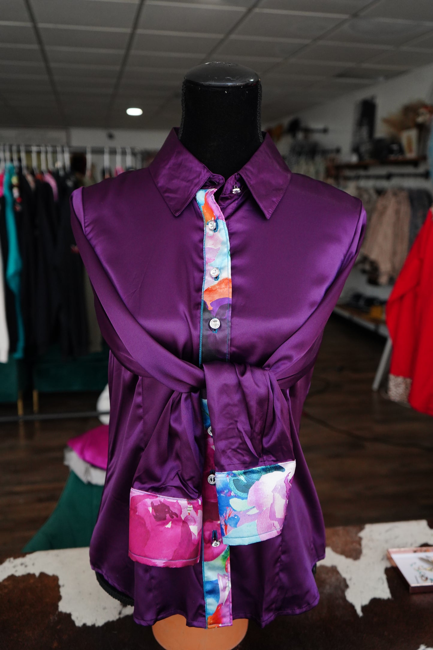 L - Watercolor Floral on Purple Satin Button Down