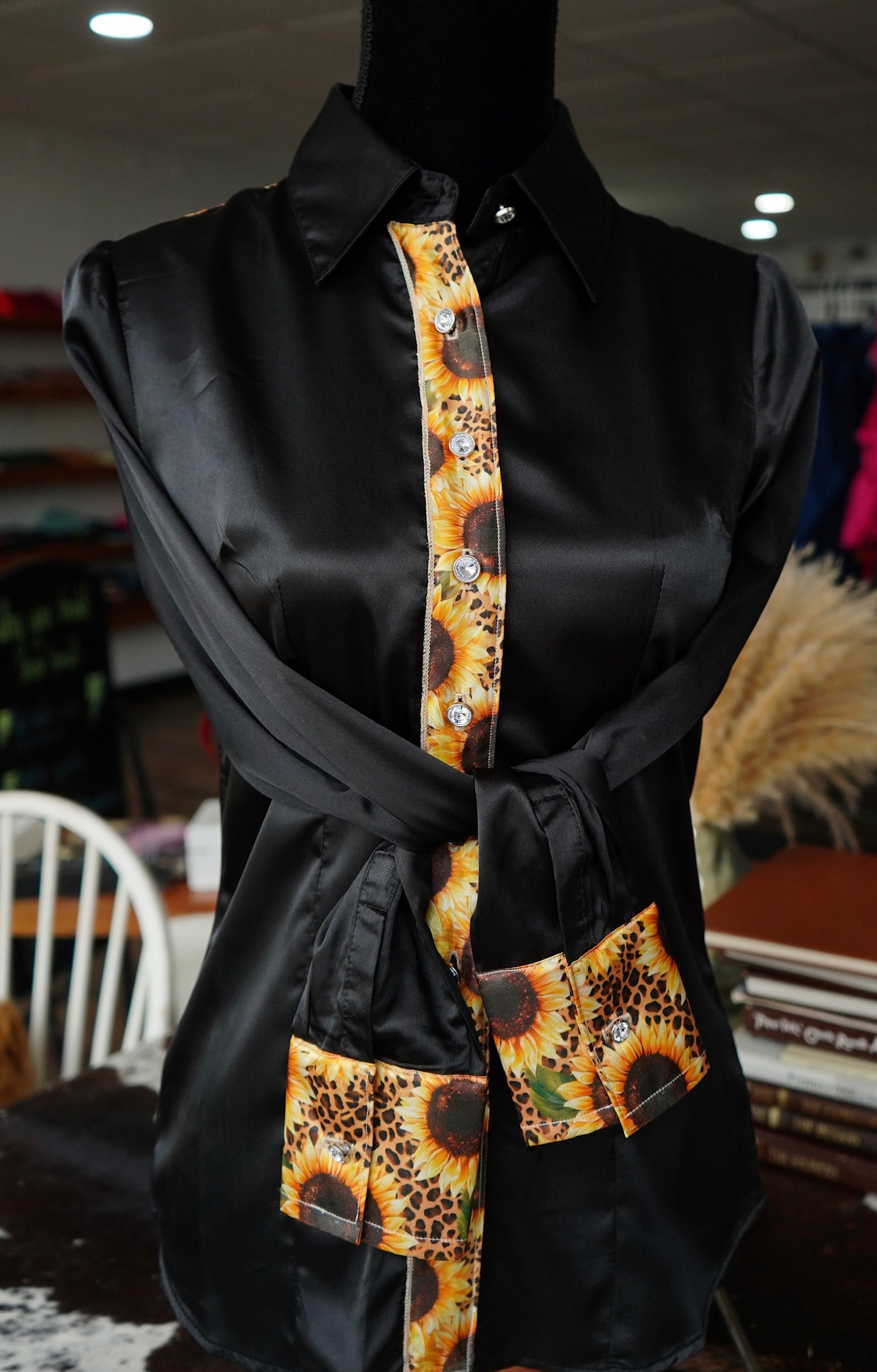 S - Black w/ Cheetah Sunflowers Button Down