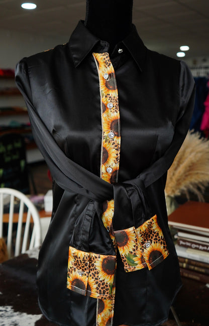 S - Black w/ Cheetah Sunflowers Button Down