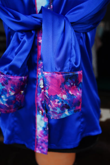 S - Hot Pink n Royal Blue Watercolor on Royal Blue Satin Button Down