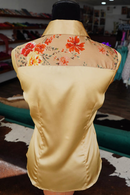 M - Tan w/ Red Flowers on Gold Satin Button Down