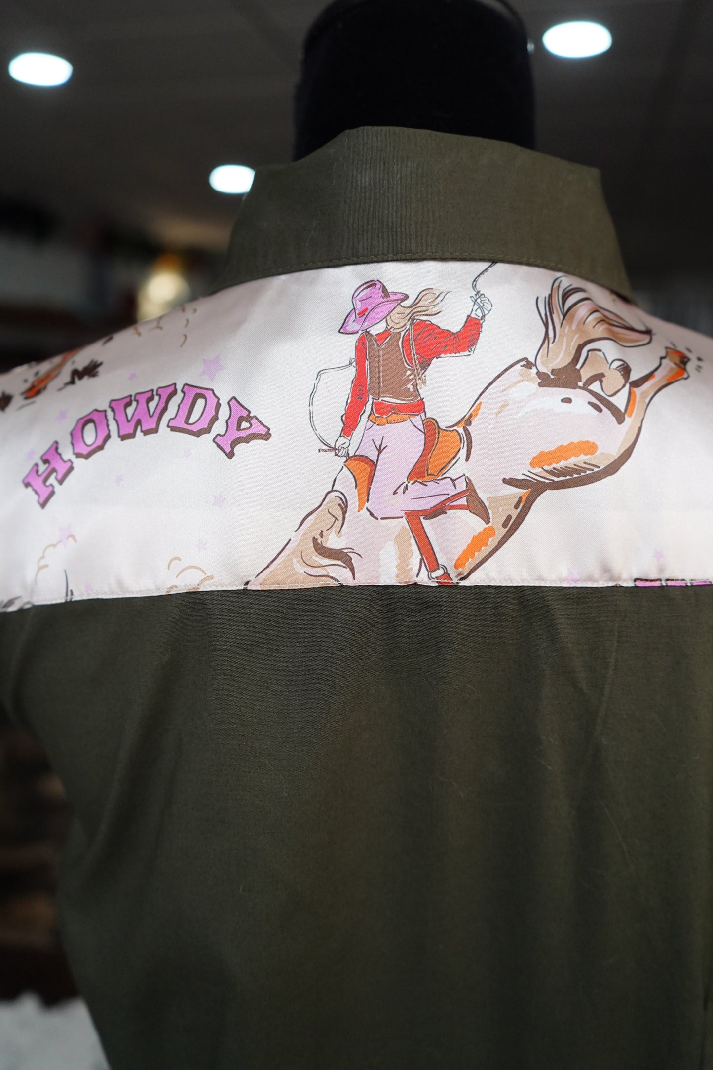 XL - Pink Howdy Gal on Olive Cotton Button Down