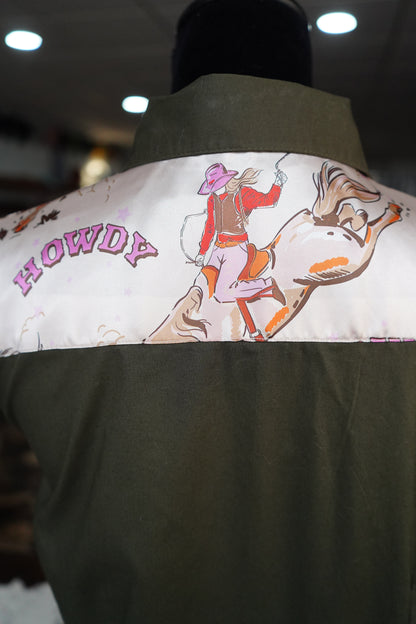 XL - Pink Howdy Gal on Olive Cotton Button Down