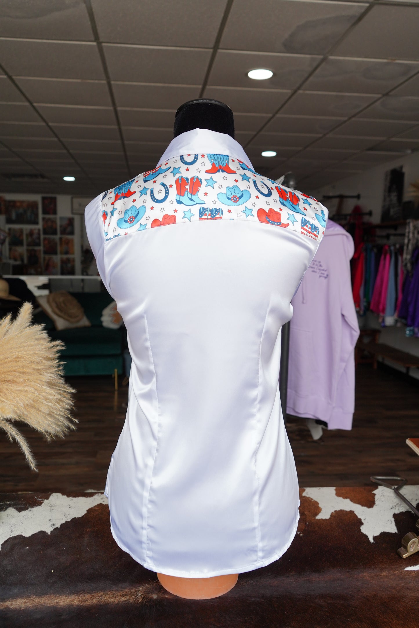 S - Patriotic Boots & Hats on White Button Down