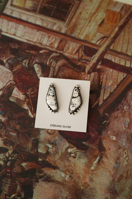 Irene Kee White Buffalo w/ Rope Border & Silver Beads Stud Earrings