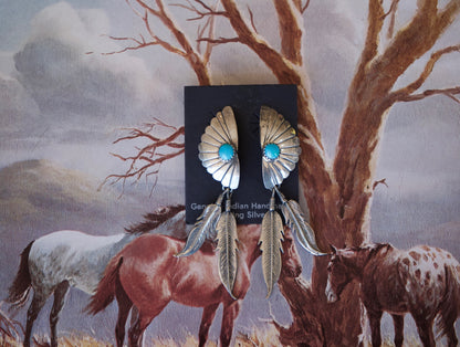 Half Circle Turquoise Post Studs w/ Feather Dangles
