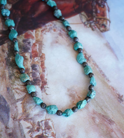Vintage Chunky Raw Turquoise w/ Stamped Sterling Beads Necklace