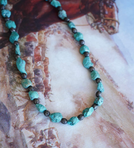 Vintage Chunky Raw Turquoise w/ Stamped Sterling Beads Necklace