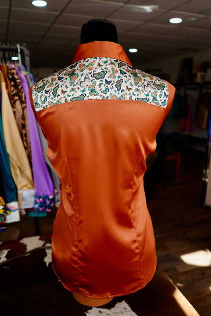 S - Cheetah Butterflies on Rust Satin Button Down