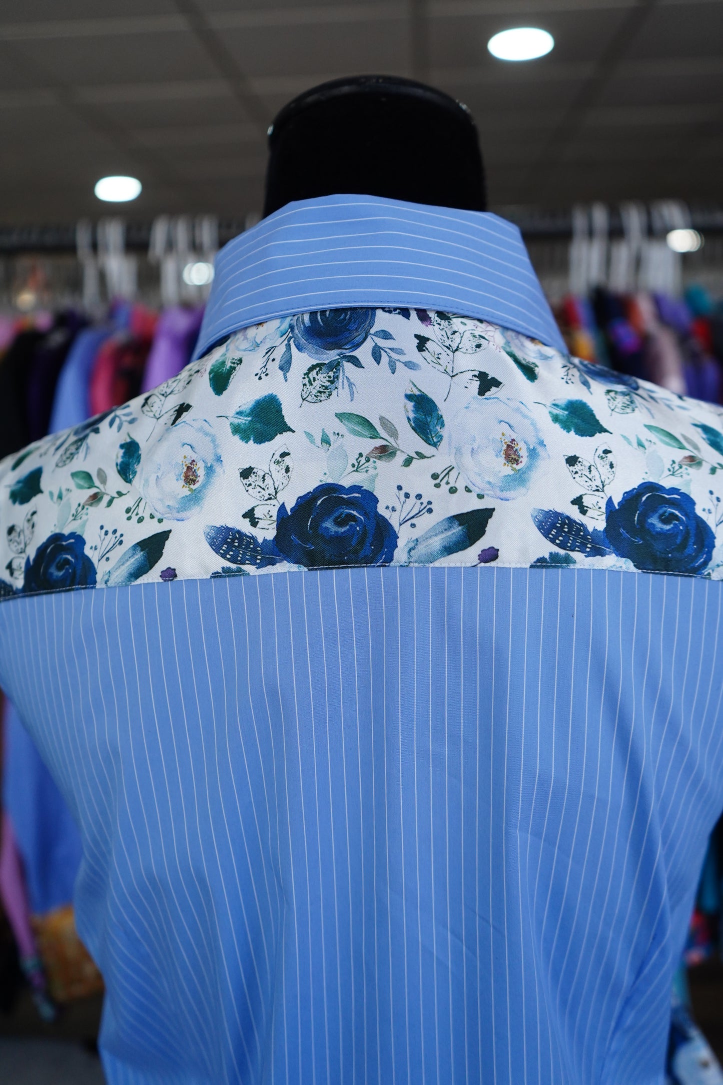 L - Navy Feather Floral on Blue Stripe Cotton Button Down