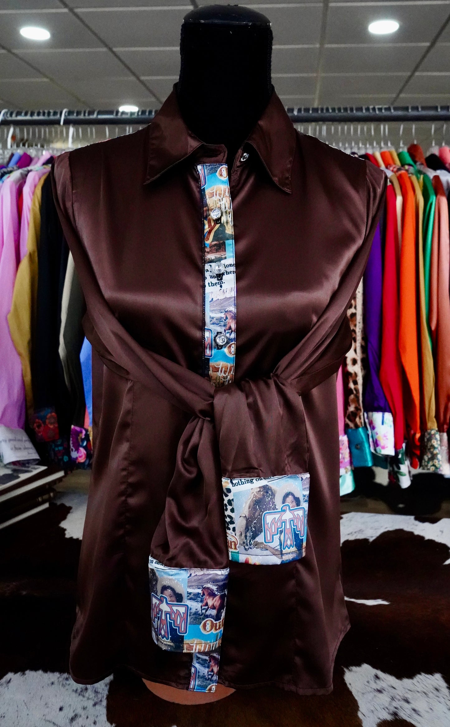 L - Calamity Jane on Brown Satin Button Down
