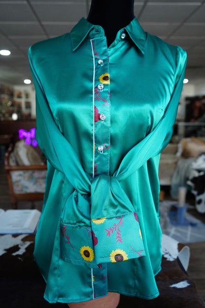 L - Roses & Sunflowers on Emerald Satin Button Down