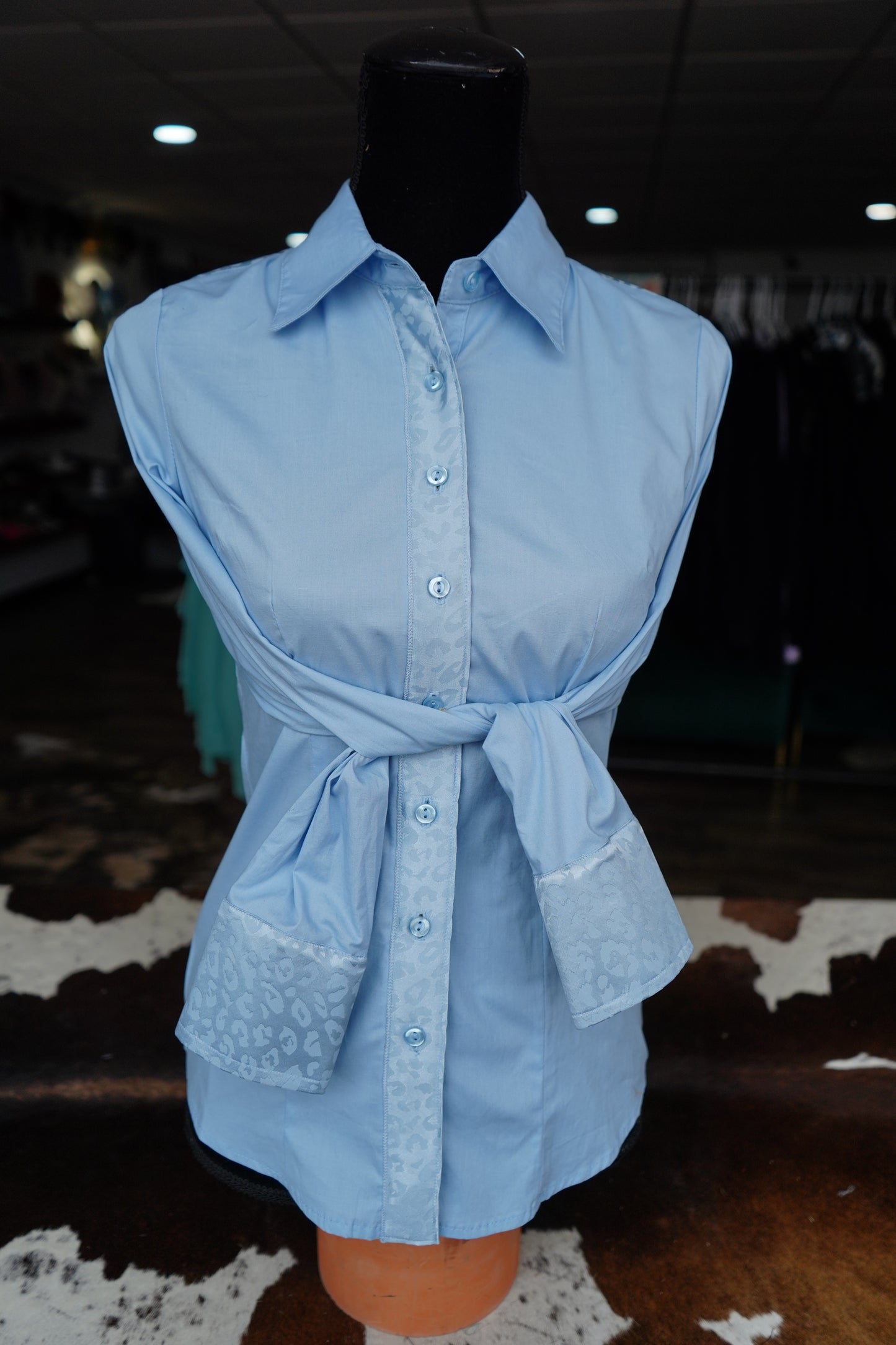 S - Baby Blue Jacquard Cheetah on Baby Blue Cotton Button Down