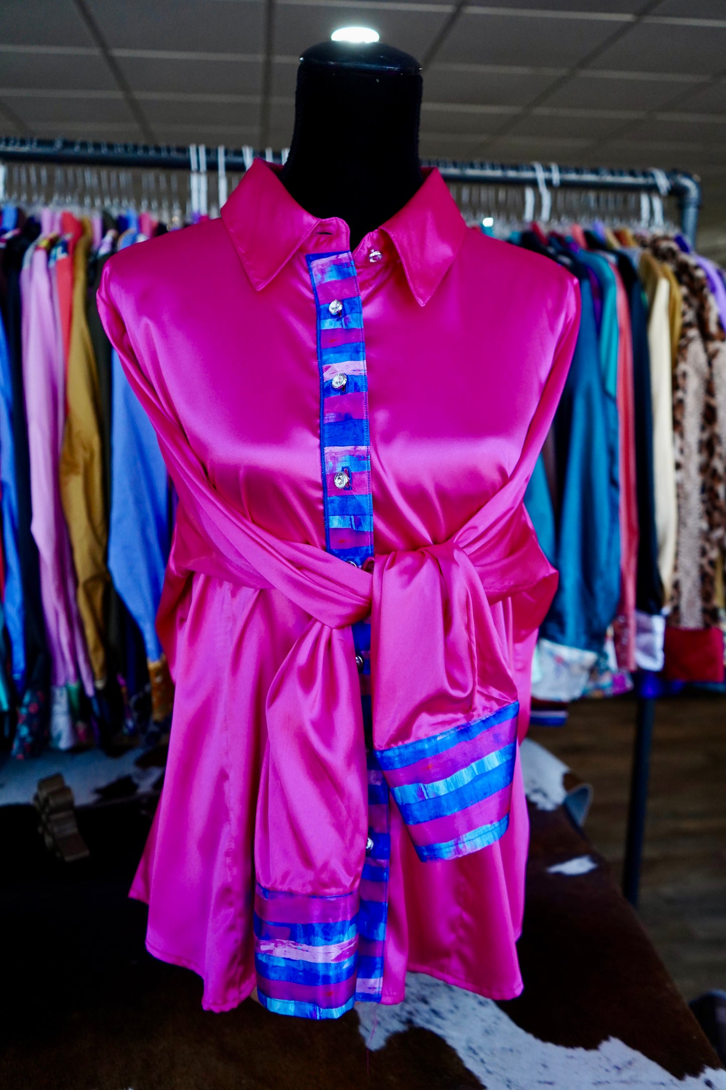 3XL - Pink & Blue Brushstrokes on Pink Satin Button Down