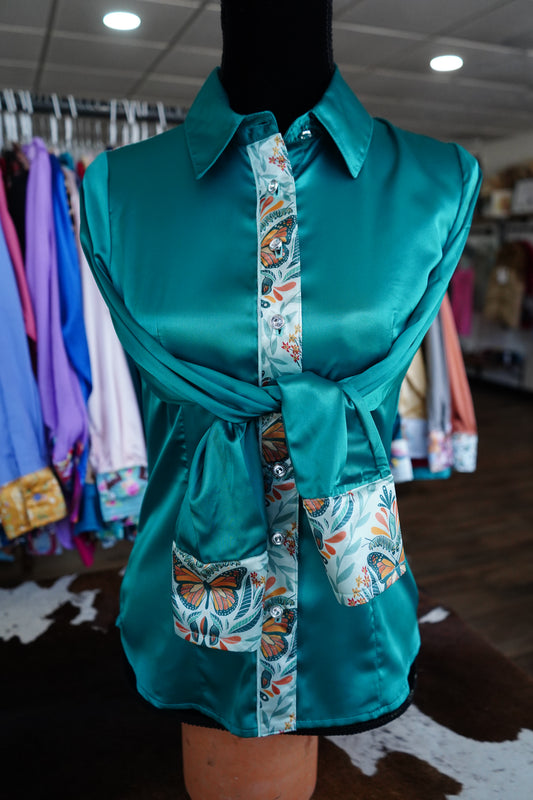 S - Emerald Monarch Life on Emerald Satin Button Down