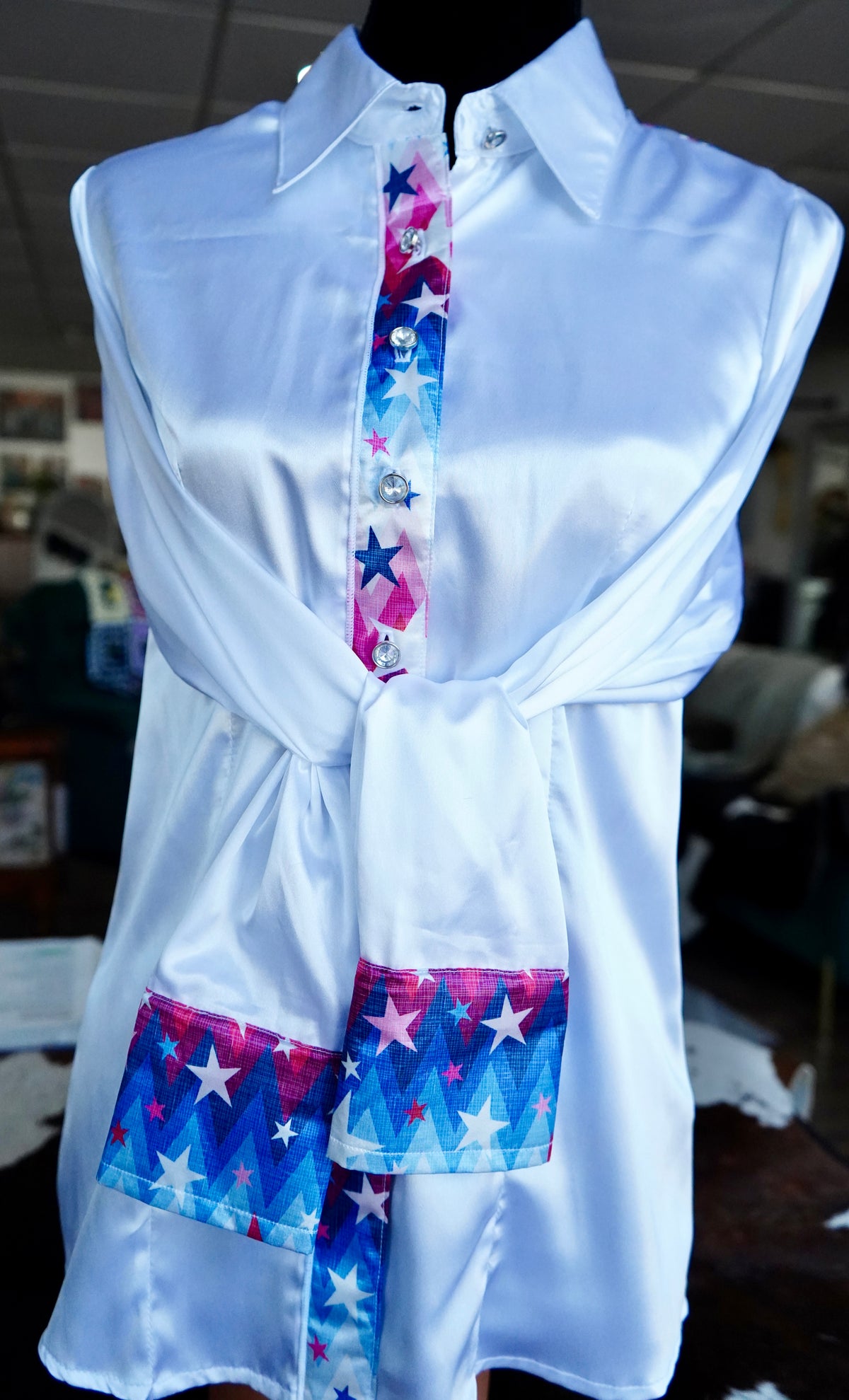 L - Patriotic Stars on White Satin Button Down