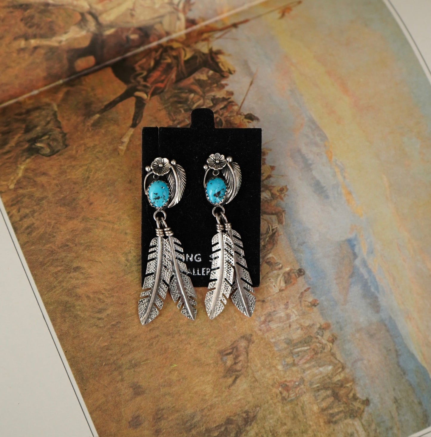 Vintage Turquoise w/ Dangly Feather Stud Earrings