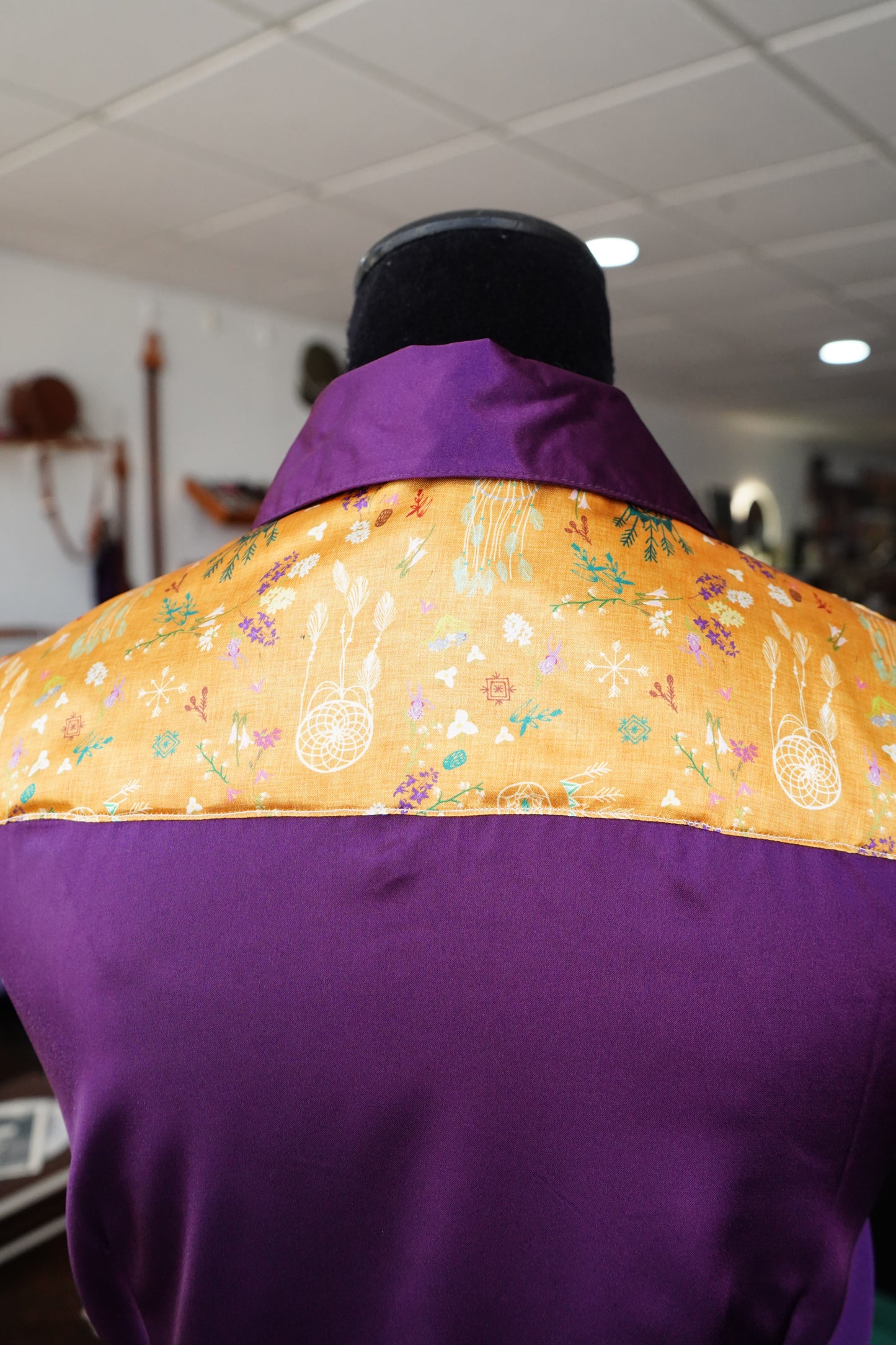 L - Mustard Dreamcatchers on Purple Satin Button Down