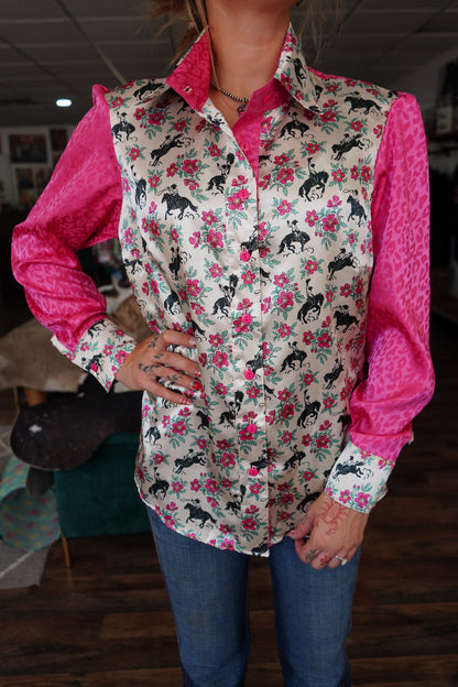 Daisy Original Pink Floral Buckers w/ Pink Leopard Button Down - Size 10
