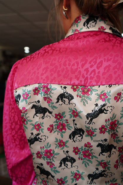 Daisy Original Pink Floral Buckers w/ Pink Leopard Button Down - Size 10