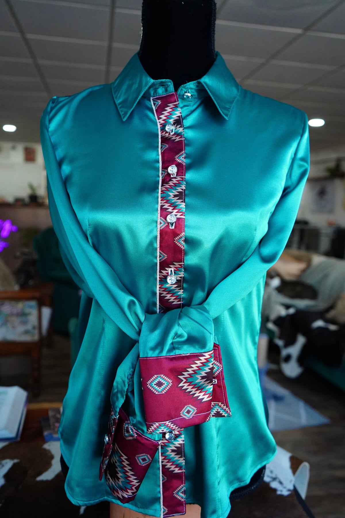L - Maroon Aztec on Emerald Satin Button Down