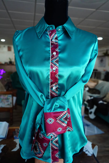 L - Maroon Aztec on Emerald Satin Button Down