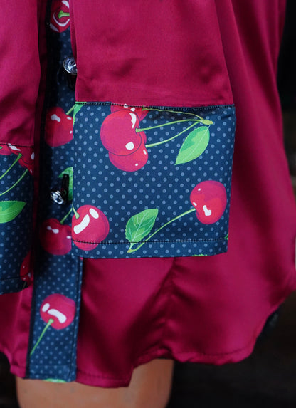 S - Polka Dot Cherry on Burgundy Satin Button Down