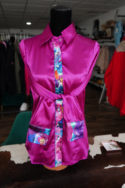 M - Watercolor Floral on Magenta Satin Button Down