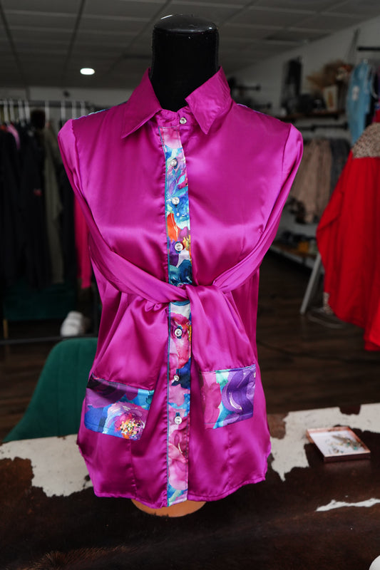 M - Watercolor Floral on Magenta Satin Button Down
