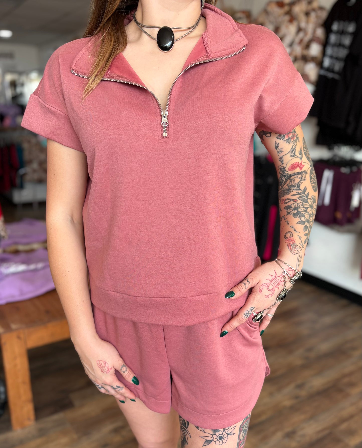 All Dogs - Rose Scuba High Neck 1/2 Zip Top & Dolphin Shorts Set