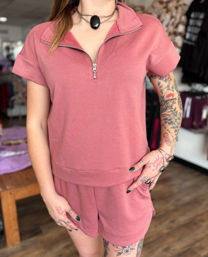 All Dogs - Rose Scuba High Neck 1/2 Zip Top & Dolphin Shorts Set