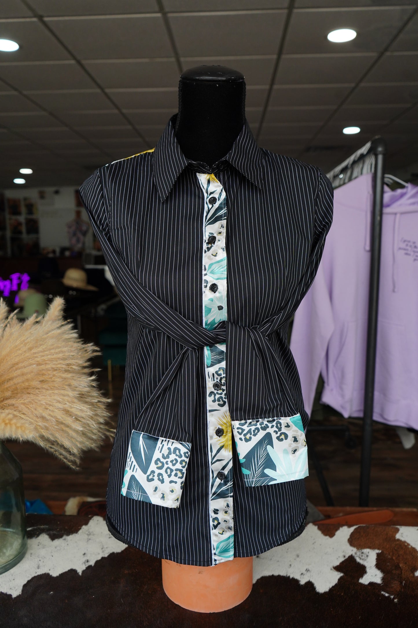 S - Turquoise Cheetah Florals on B/W Stripes Button Downs