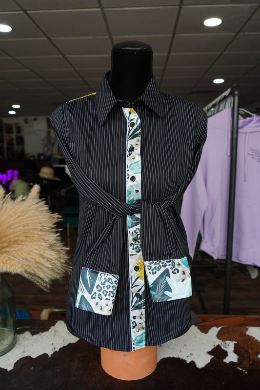 S - Turquoise Cheetah Florals on B/W Stripes Button Downs