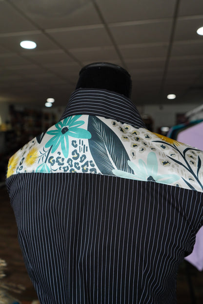 S - Turquoise Cheetah Florals on B/W Stripes Button Downs