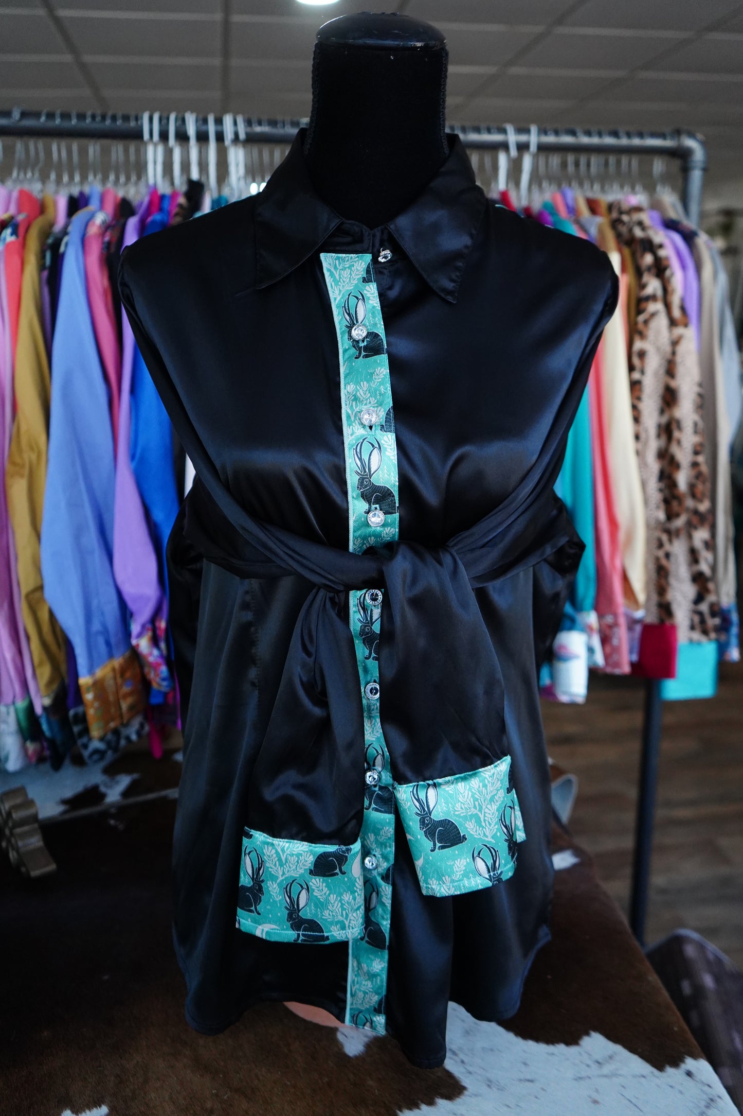 2XL - Mystic Jackelopes on Black Satin Button Down